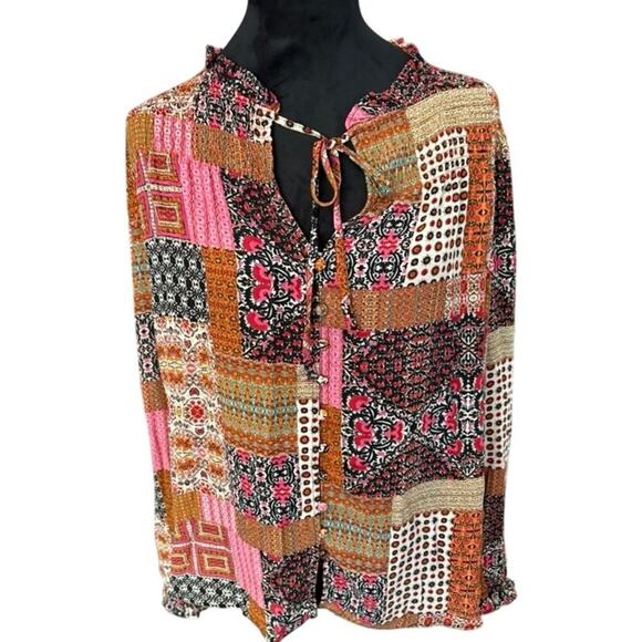 Rose + Olive Boho Patchwork Tie Neck Blouse - M - Picture 1 of 5